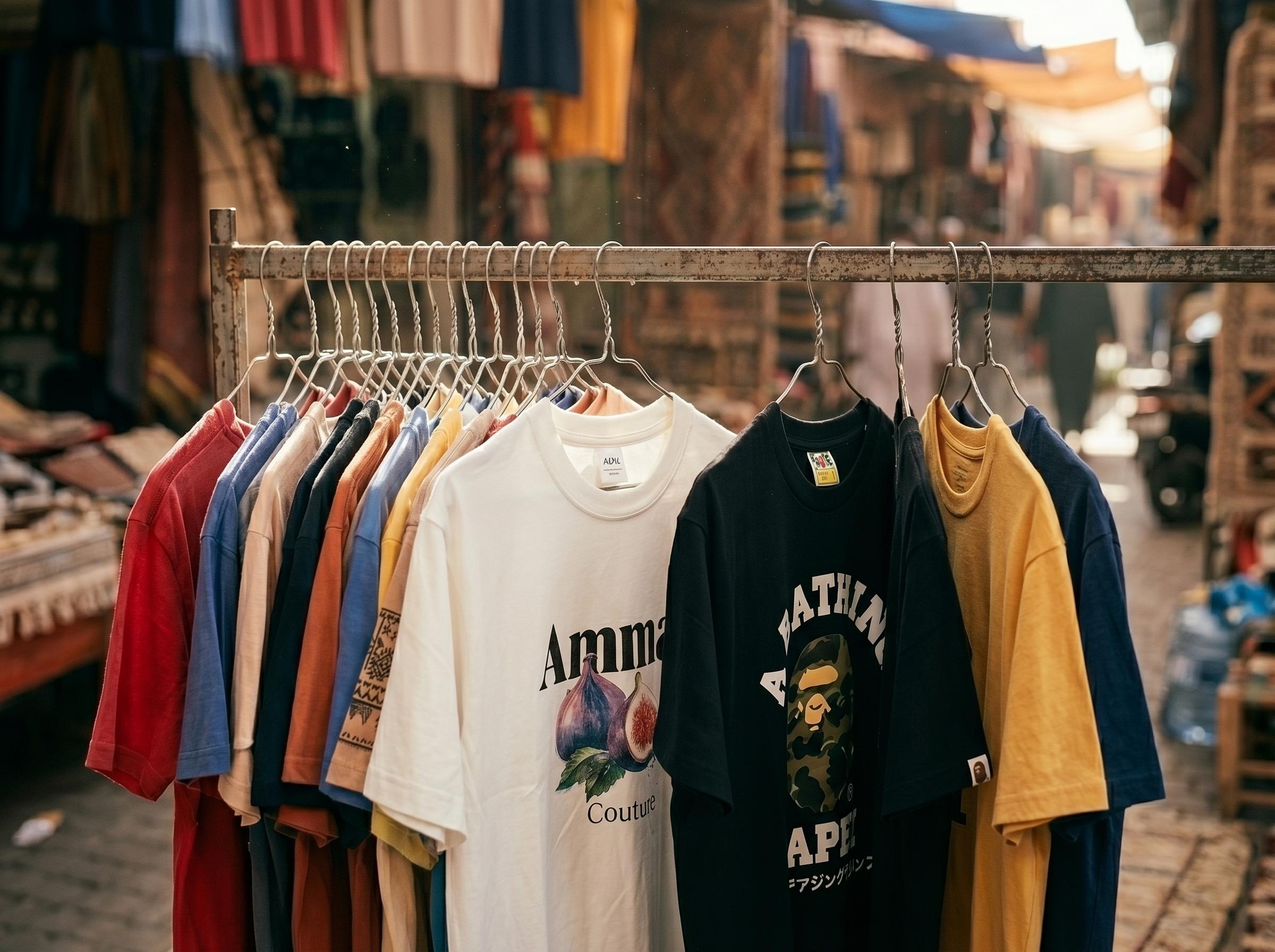 Close-up of Ammar tee hanging next to Casablanca and Dior counterfeits on a market stall rail