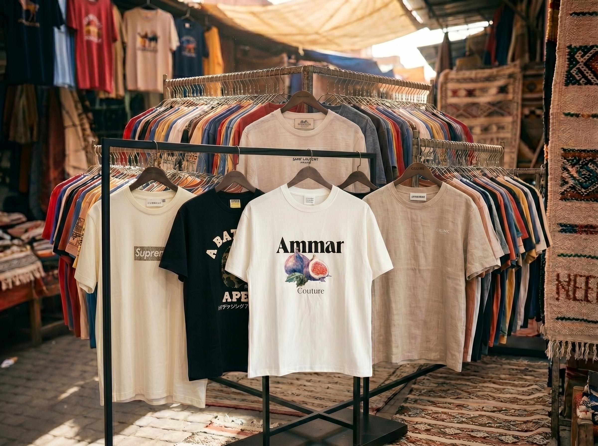 Moroccan market stall with t-shirts hanging among luxury brand counterfeits