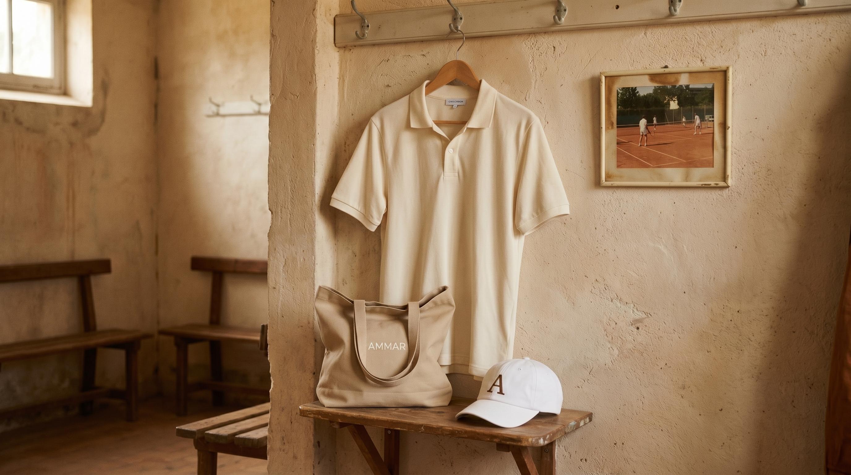 Ammar polo shirt and tote bag in a clubhouse changing room