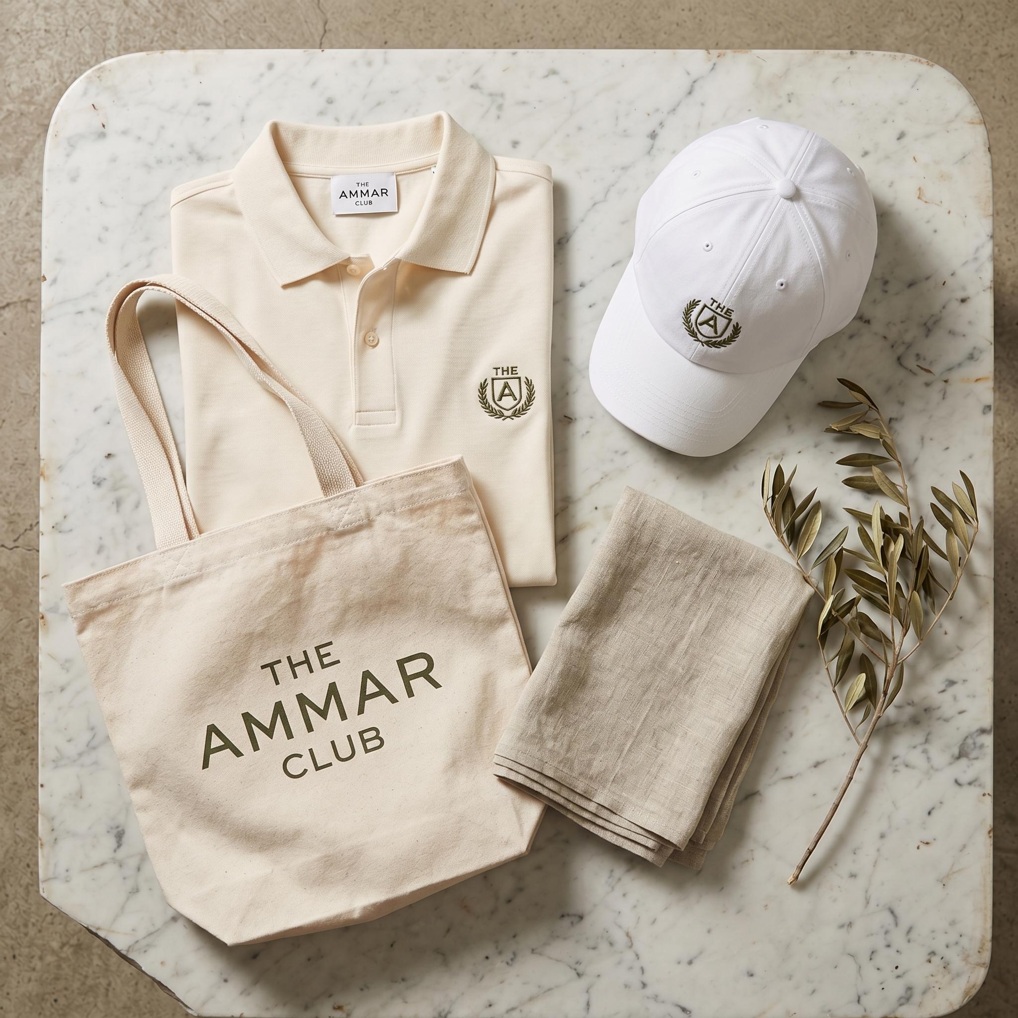 Ammar clothing flatlay — polo shirts, caps, tote bags