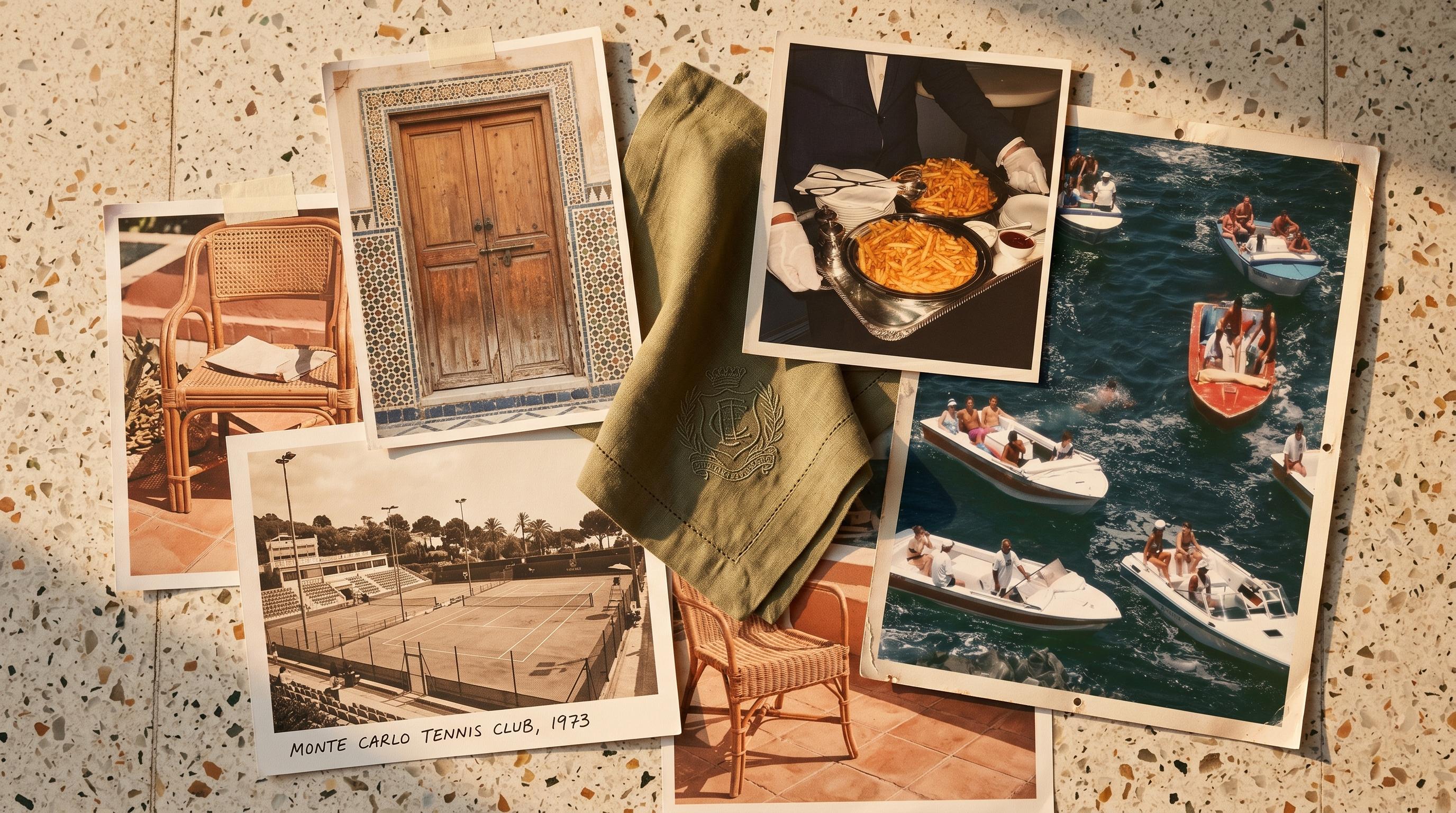 Moodboard with Slim Aarons tennis photo, Moroccan doorway, club crest, olive green fabric swatches