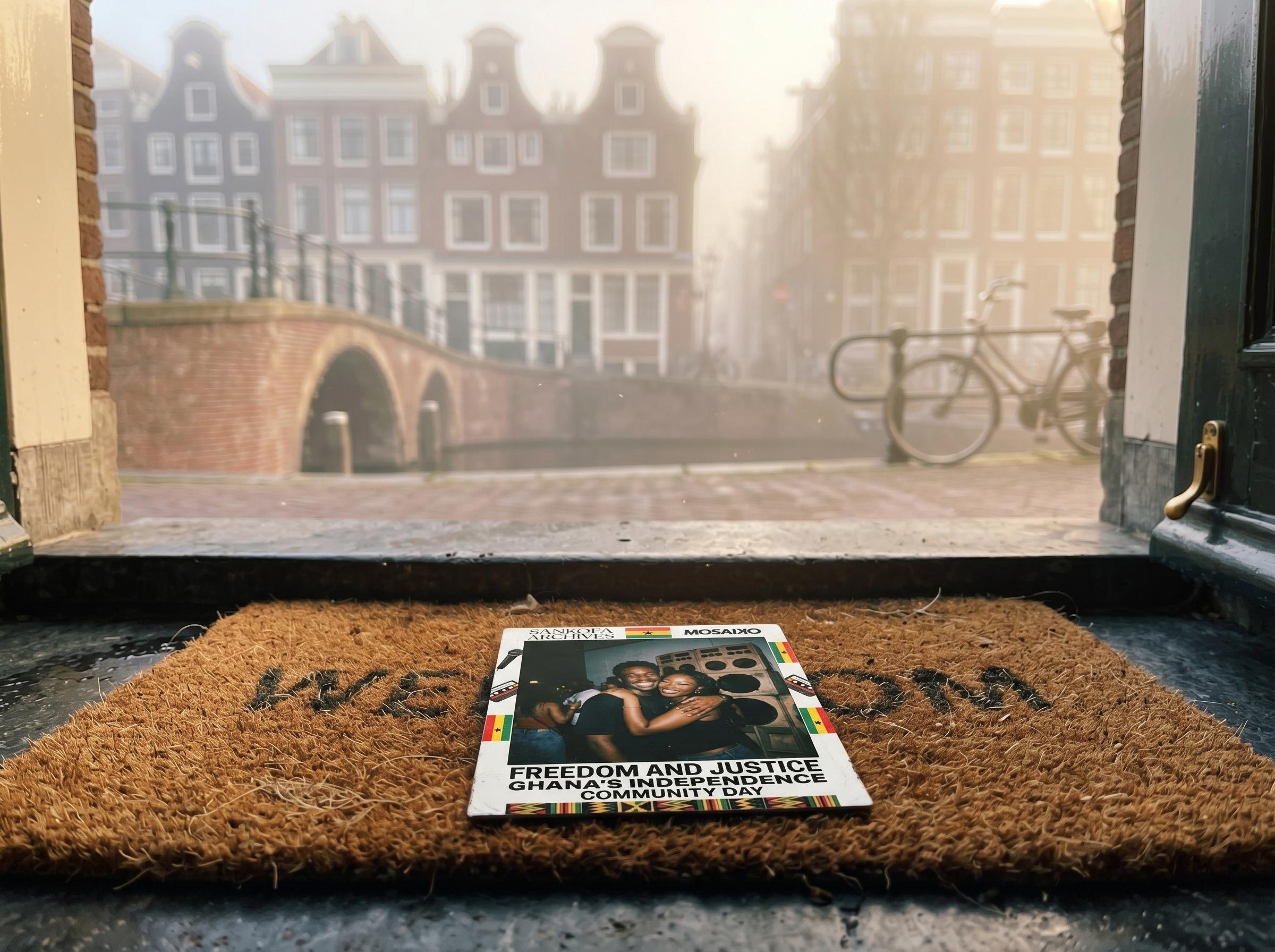 A party photo card lying on a doormat in an Amsterdam apartment, morning light through the door