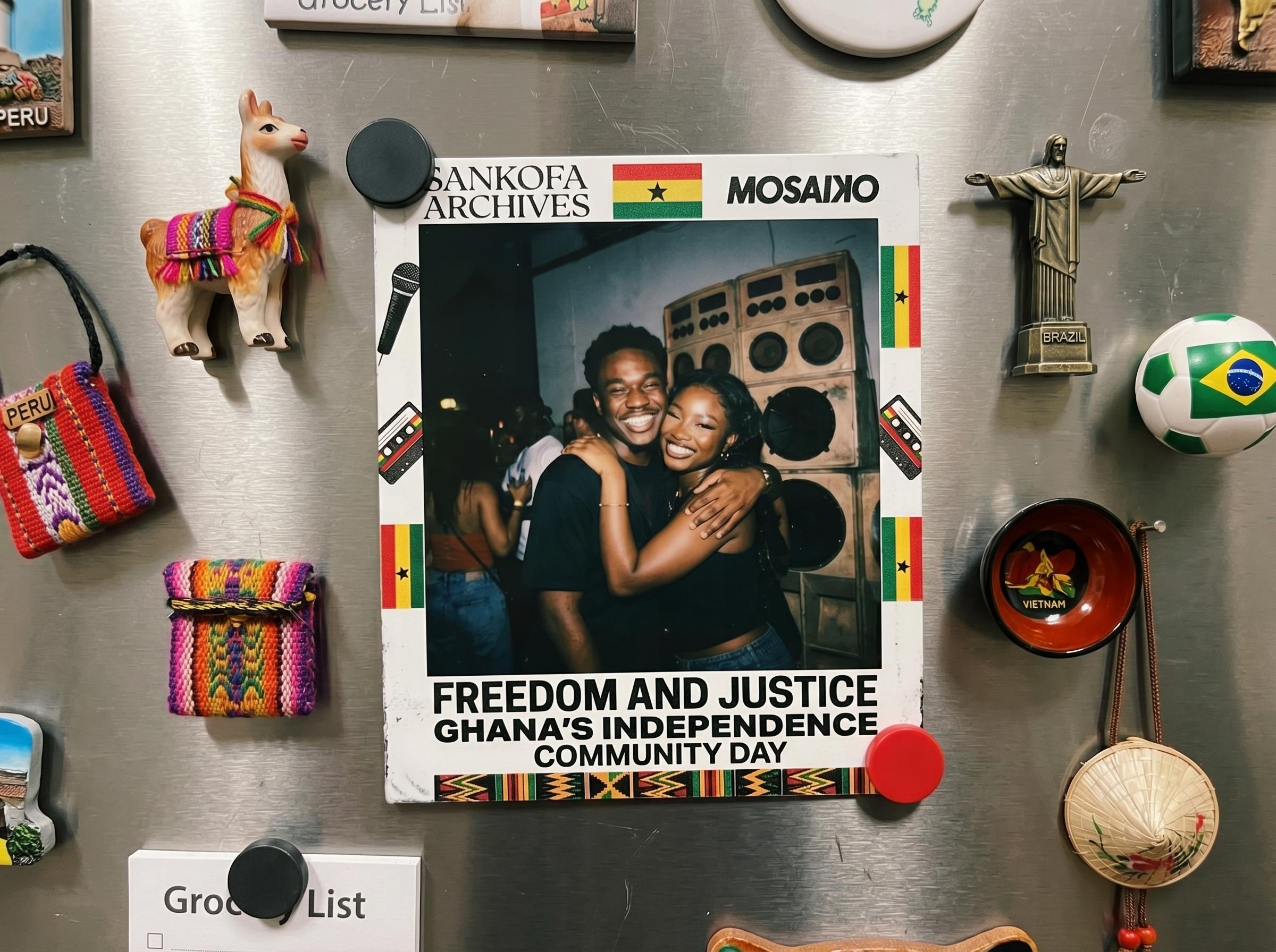 A photo card stuck on a fridge among postcards, magnets, and personal photos