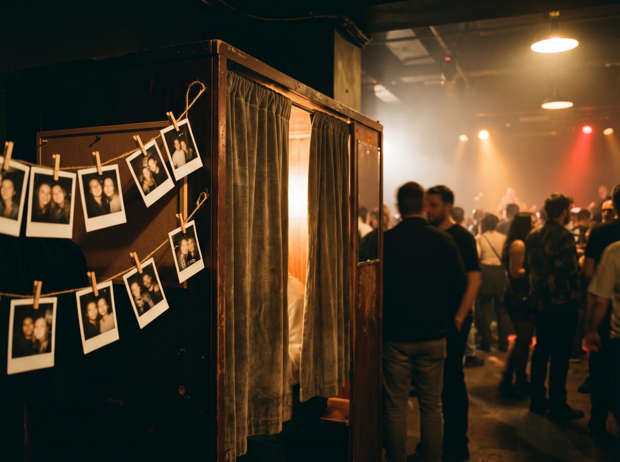 Photo booth setup at a dimly lit club night with prints coming out