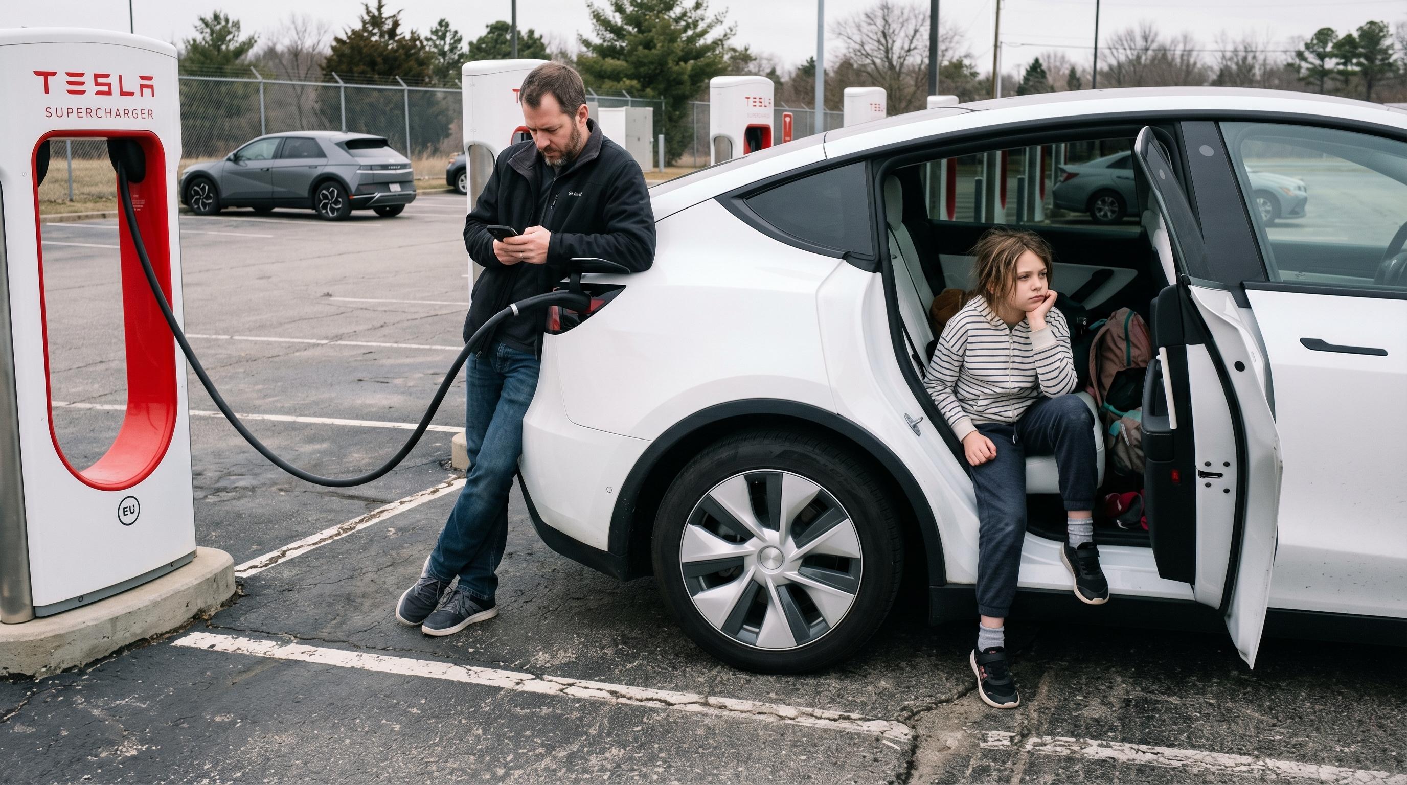 A parent on their phone and a bored child sitting in an EV at a charging station