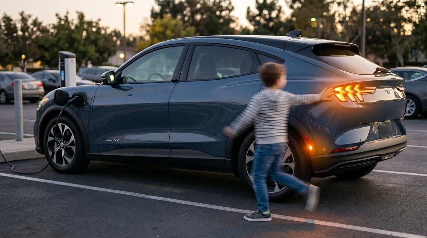 A child running toward the blinking taillight of a Mach-E at a charging station
