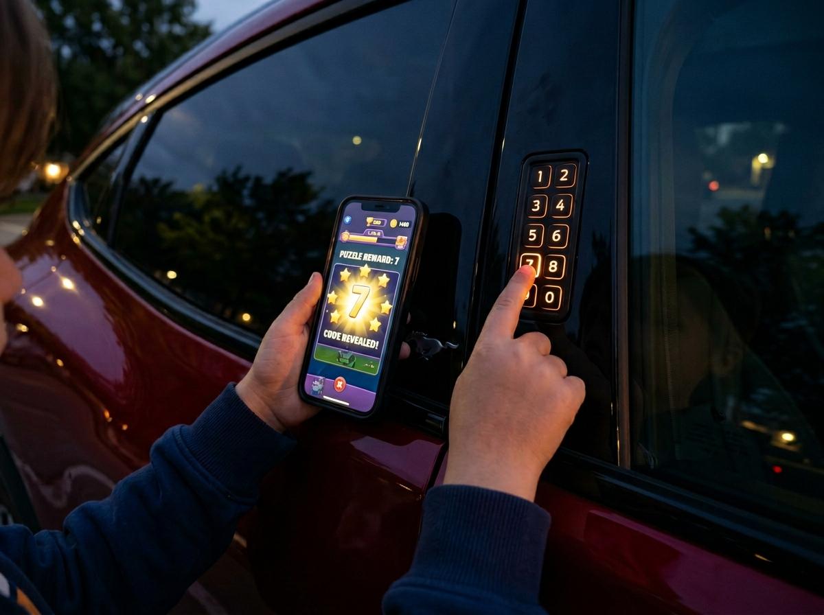 A child entering a code on the Mach-E B-pillar numpad while their phone shows a puzzle reward