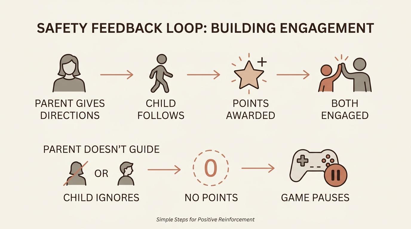 Safety feedback loop diagram — parent guides, child follows, points awarded, both engaged