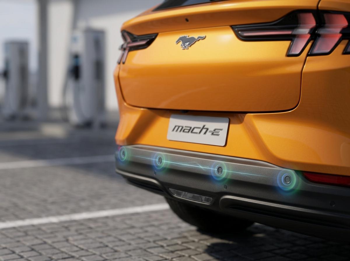 Close-up of the Mach-E rear bumper showing parking sensors with a blue glow indicating active tracking