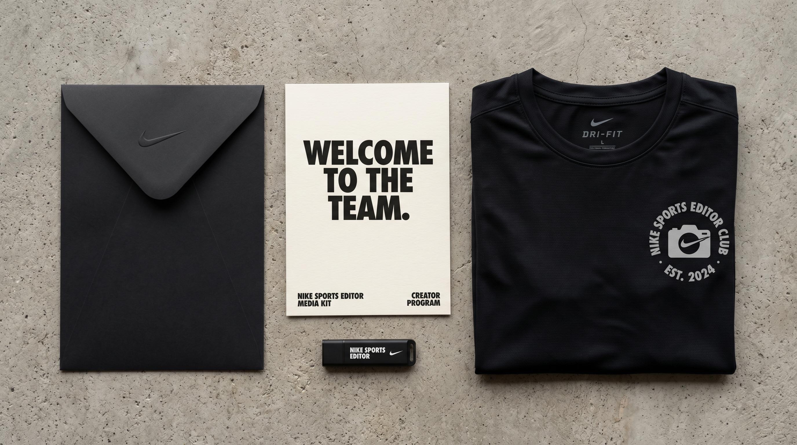 Nike Editor Club signing kit — Dri-FIT, welcome card, archive USB, envelope