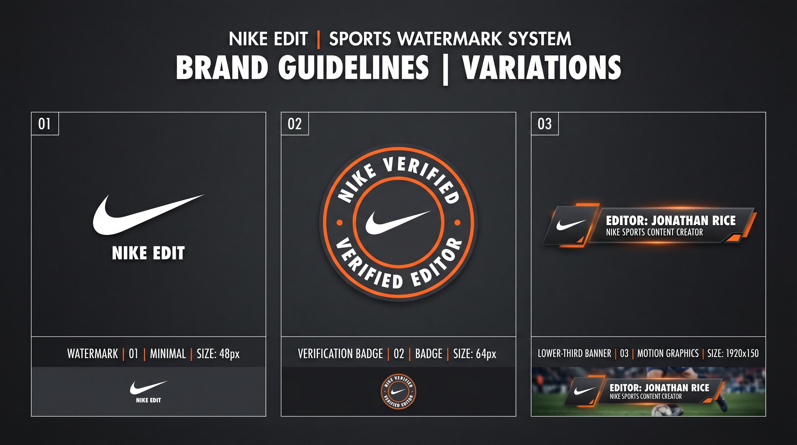 Nike Edit watermark system — three brand guideline variations
