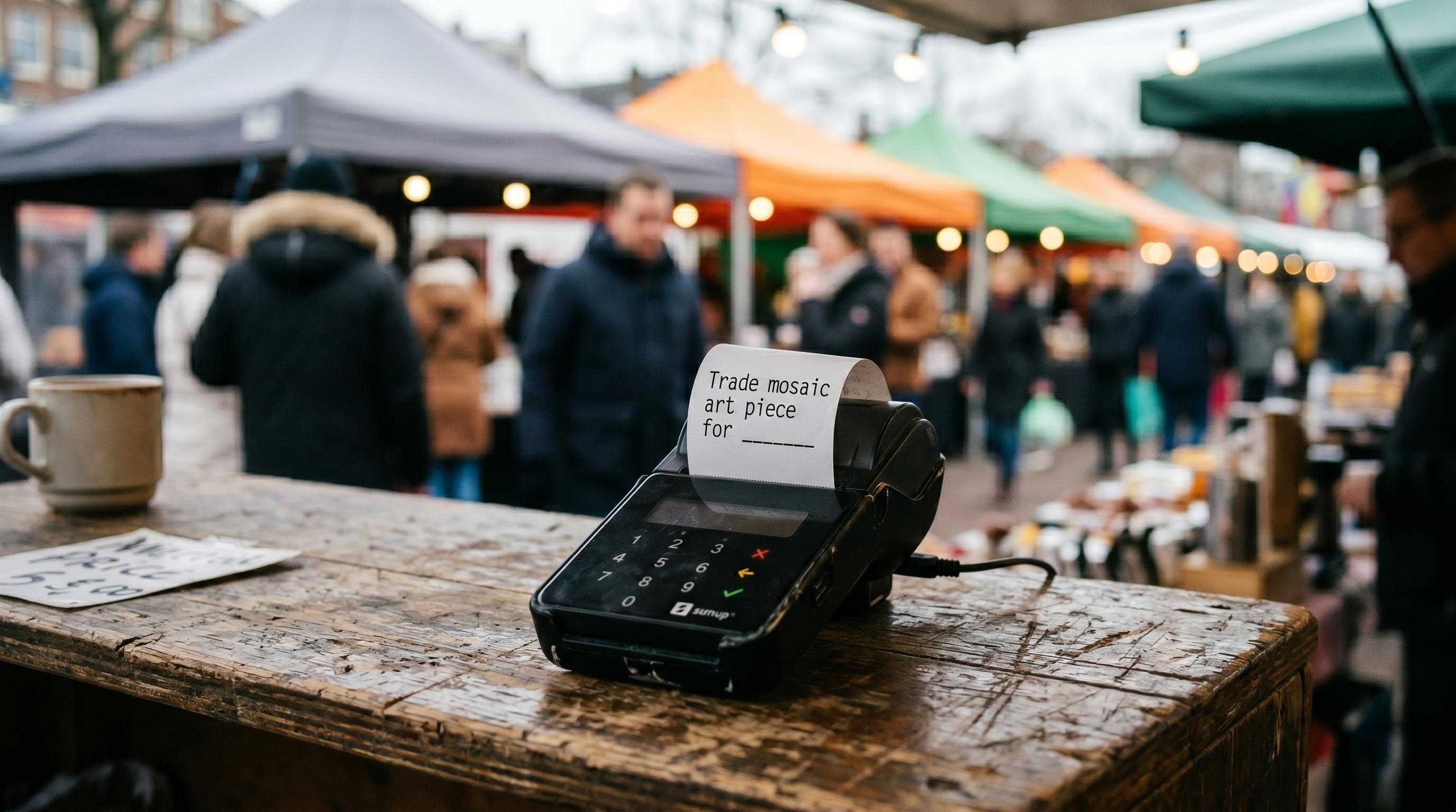 The Tap to Trade terminal — a modified SumUp wired to a thermal receipt printer, with a trade receipt mid-print